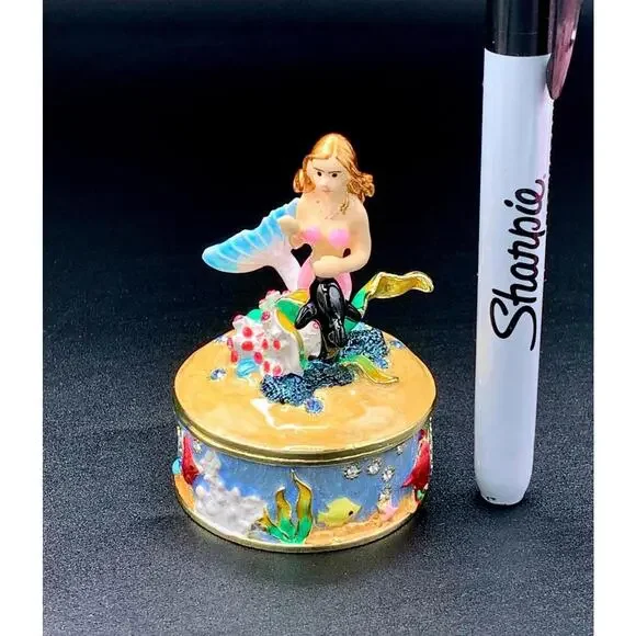Mermaid Trinket Box Ocean Scene Enamel Seahorse Fish Keepsake